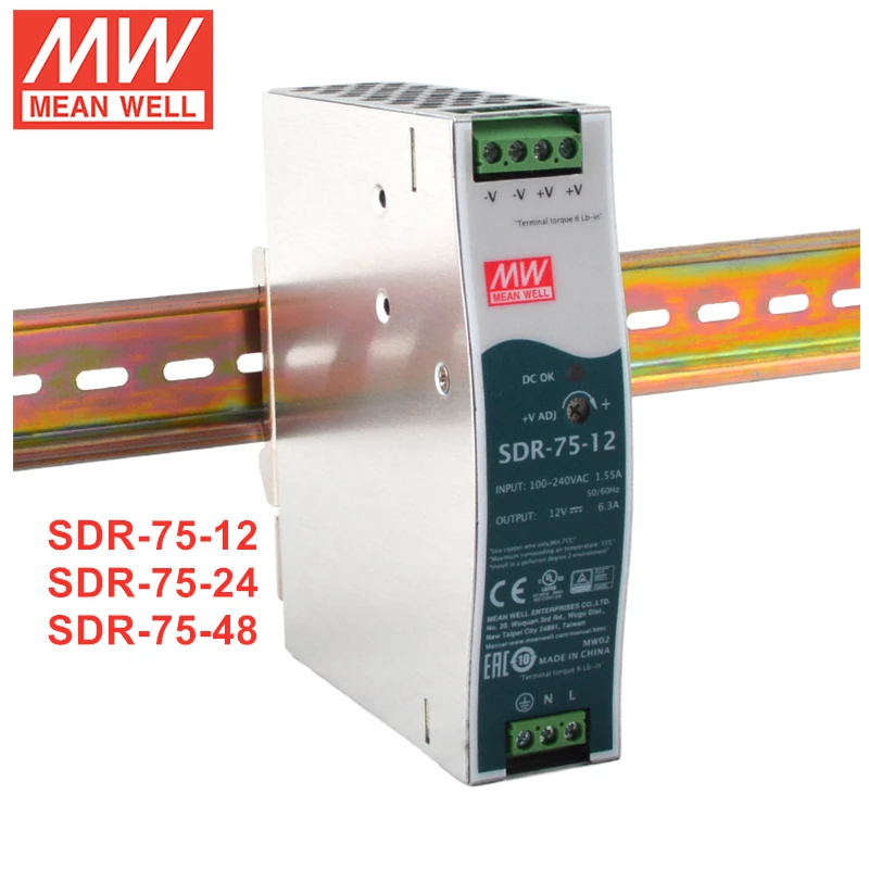 

MEAN WELL SDR-75 Series 75W Single Output Industrial DIN RAIL Power Supply SDR-75-12 SDR-75-24 SDR-75-48