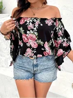 Plus Size Summer Women Elegant Chiffon Shirt Floral Print Off the Shoulder Tops Ruffle Sleeve Curve Clothing 4