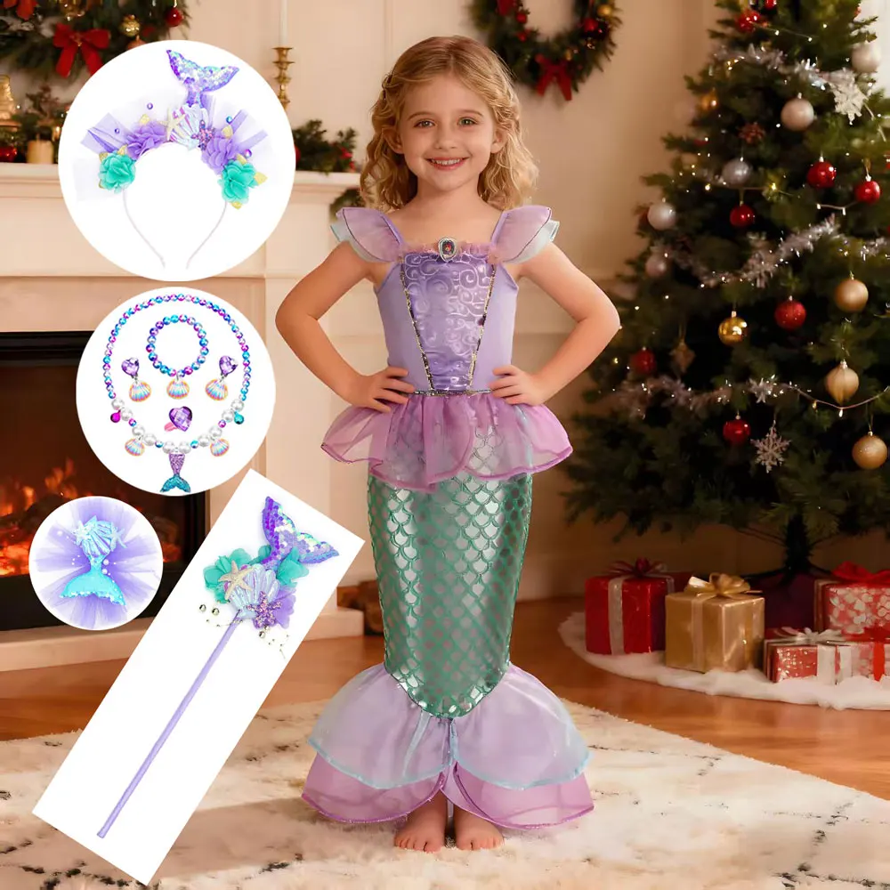 Disney Kinder Lila Meerjungfrauenkleid Prinzessinnen-Kostüm Aufführungskleidung Baby Mädchen Geburtstagsparty Weihnachten Cosplay Kleid Set für Mädchen
