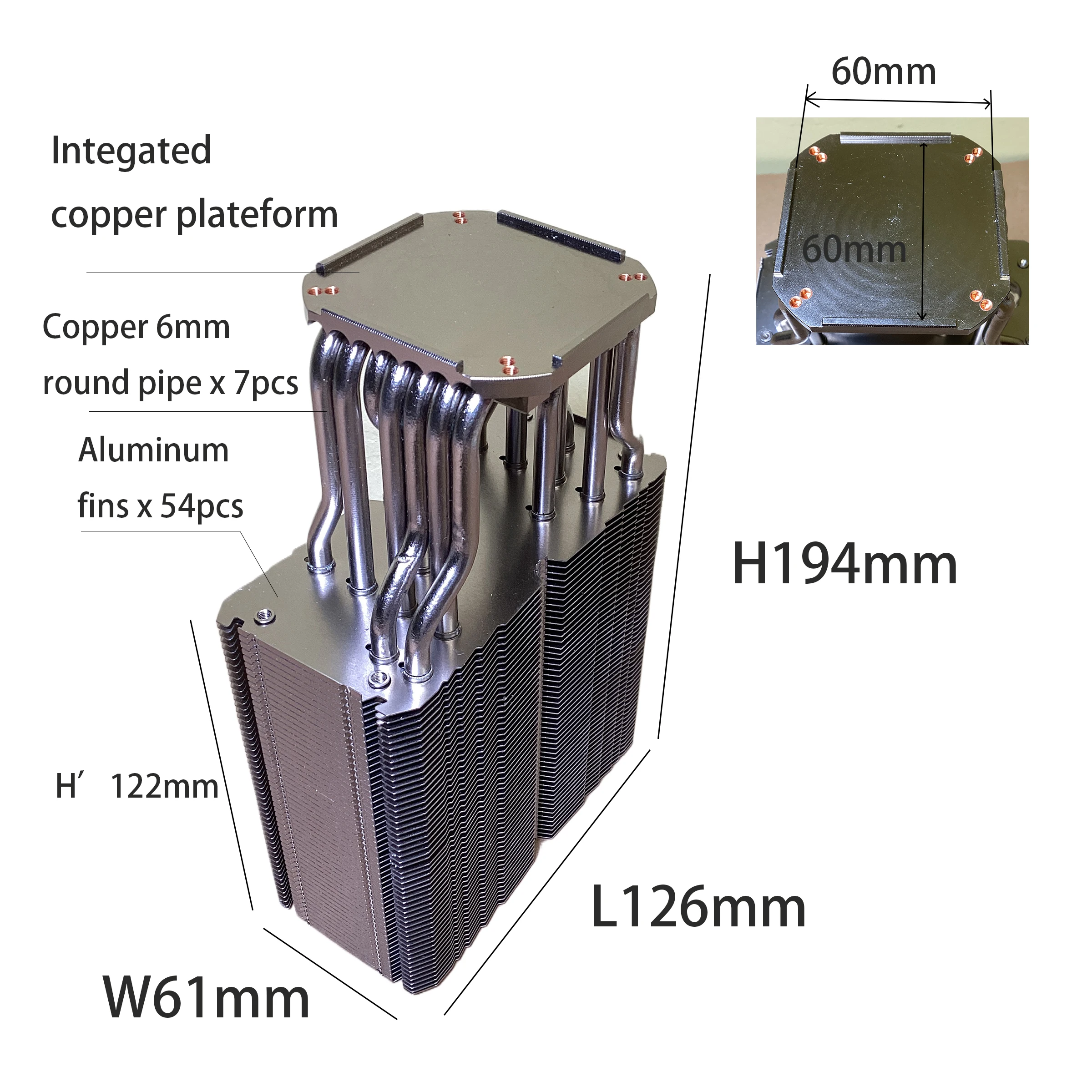 Cooling LED Chip Plateform Heatsink for High Power COB LED Copper Base + Copper Round Pipe with Heat Diffusion Cooling Fin