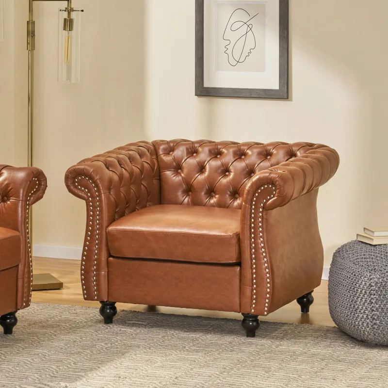 Chair, single sofa, PU lazy sofa, brown, fashionable retro design, suitable for bedrooms and living rooms