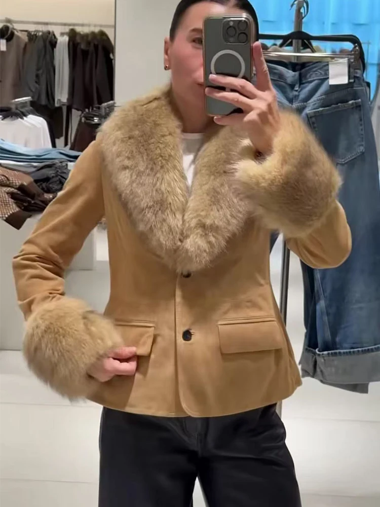 Women Autumn Winter Warm Faux Fur Patchwork Jacket Long Sleeve Button Pocket Female Fashion Coat Casual Lady Outwear