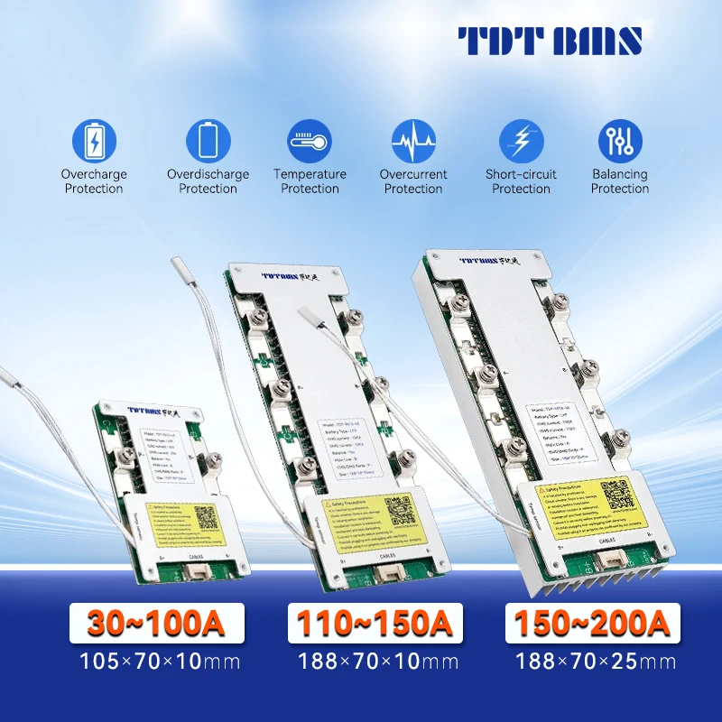 

TDT BMS Lifepo4 Lin ion 3S 4S 12V 30A 50A 100A 200A Balanced Battery Pack Management System for Electric Vehicles