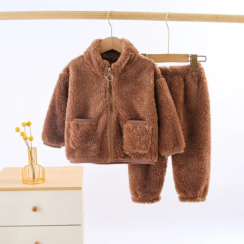 

Boys Girls Flannel Clothes 2pcs Sets Winter Fleece Jackets Long Pants Kids Autumn Warm Baby Coral Pajamas Set Freeshipping
