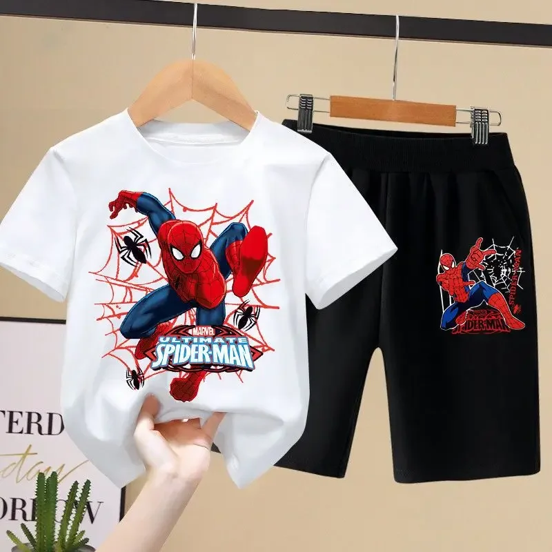 Conjunto de camisetas de verano de Disney para niños, Marvel Aoger Spiderman, conjunto de tendencia para bebés, pantalones cortos de manga corta, conjunto de dos piezas, ropa para niños