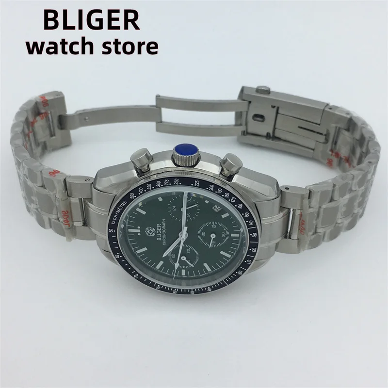BLIGER40mm quartz multifunctional time meter commercial sapphire glass men's watch white dial steel strap VK63 movement