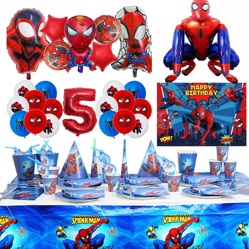 Spiderman Birthday Party Decorations For Kids Latex Aluminum Foil Balloons Spider Theme Event Supplies Disposable Tableware