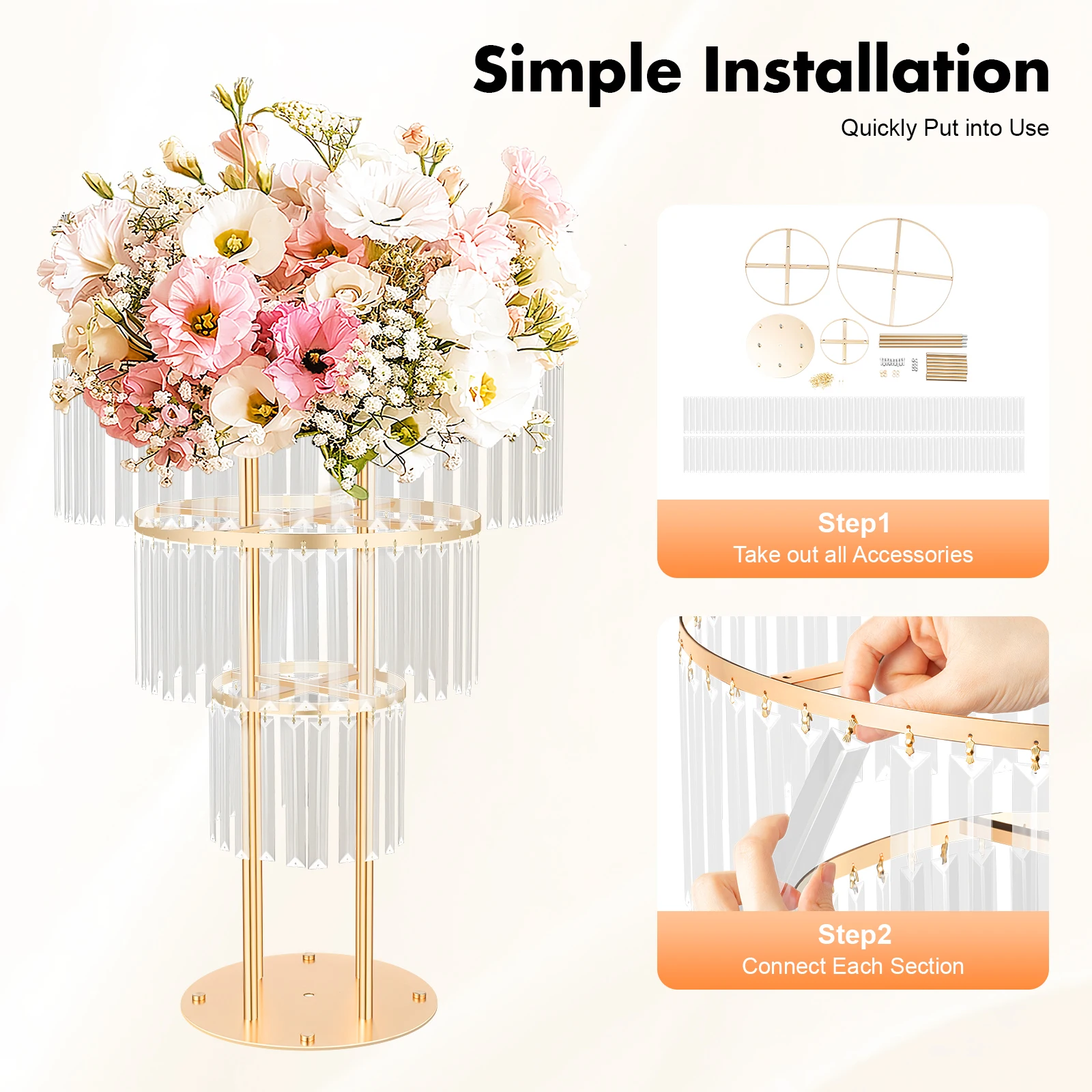 3-Tier Crystal Flower Stand 35.4" Height Round Pedestal Stand Crystal Flower Rack Wedding Centerpiece Photo Booth Backgrounds