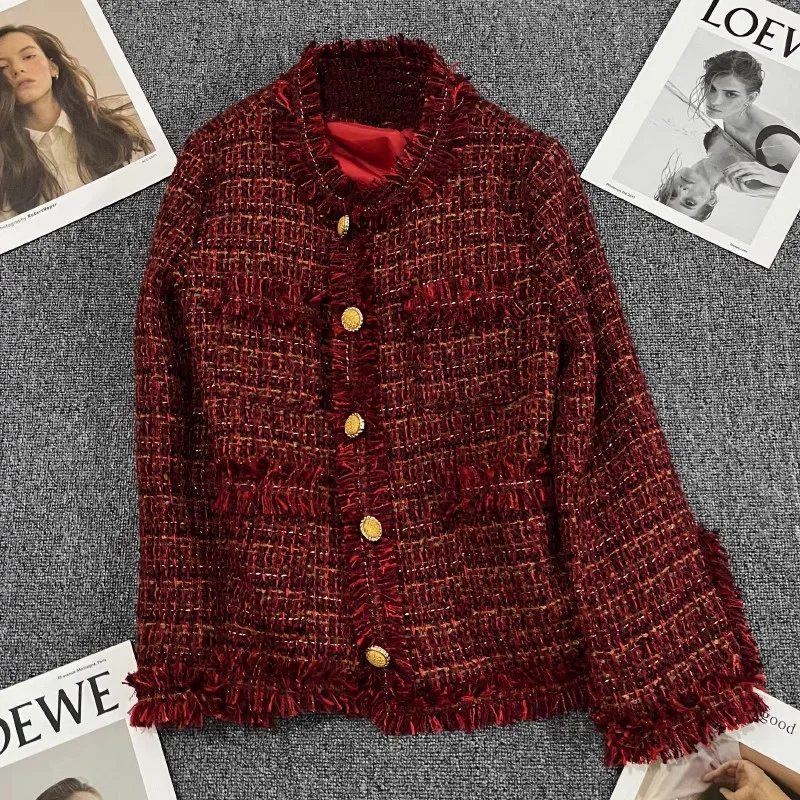 

Autumn and winter women's casual plaid fringed decorative jacket