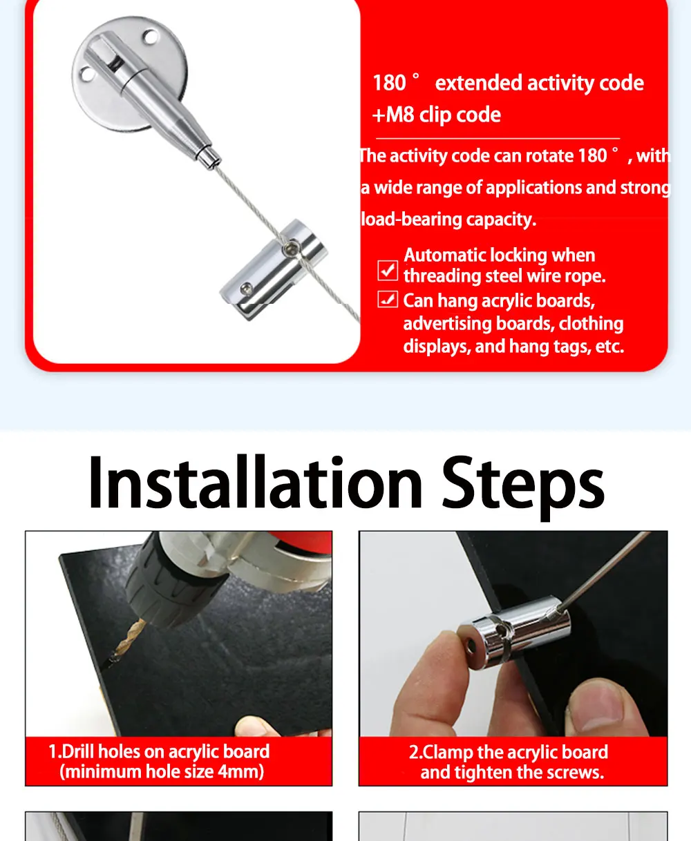 1–4 Satz 1,5 mm Stahldraht-Aufhängungsseil 180 ° Rotation Acryl Clip Zubehör Werbetafel Halter hängen Bild Aufhänger – Detail 5