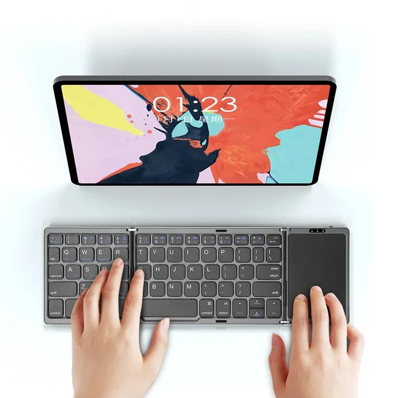Wireless Keyboard Mouse Set B089T Triple Folding Keyboard Mouse Button Mini Wireless Bluetooth Touchpad Multi-Device Portable Rechargeable for IOS Windows