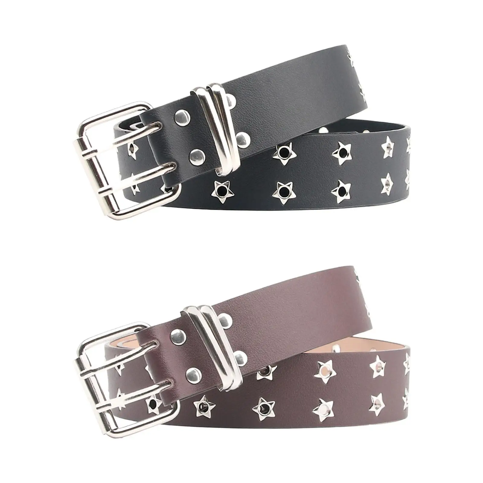 

Double Grommet Belt Rock with 2 Holes Pu Leather Double Prong Buckle Womens Waist Belt Waistband for Club Party Jeans Cosplay