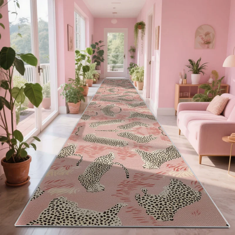 VIKAMA 핑크 레오파드 프린트 러너 러그 관리가 쉬운 입구 복도 매트 침실, 주방 및 발코니 미끄럼 방지 러그 홈 데코레이션