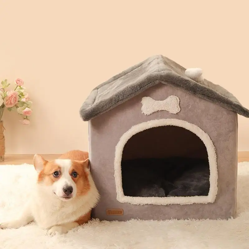 

Foldable Dog House Kennel Bed Pet Kennel Bed Mat Dogs Indoor Sleeping Bed Pets House Warm Plush Nest With Cushion Pet Supplies