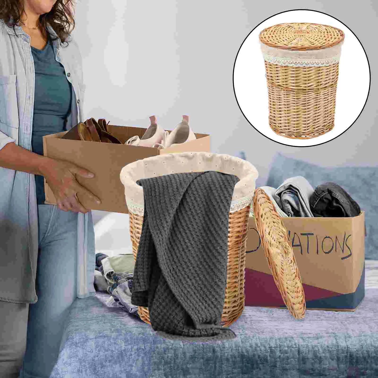 

Woven Storage Basket Laundry Hamper with Lid Sundries Decorative Clothing Weaving Desktop Straw Grocery Child