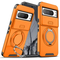 Premium Phone Case with Lifting Protection Lens, Bracket, and Magnetic Ring Suction for Google Pixel 9 (Orange)