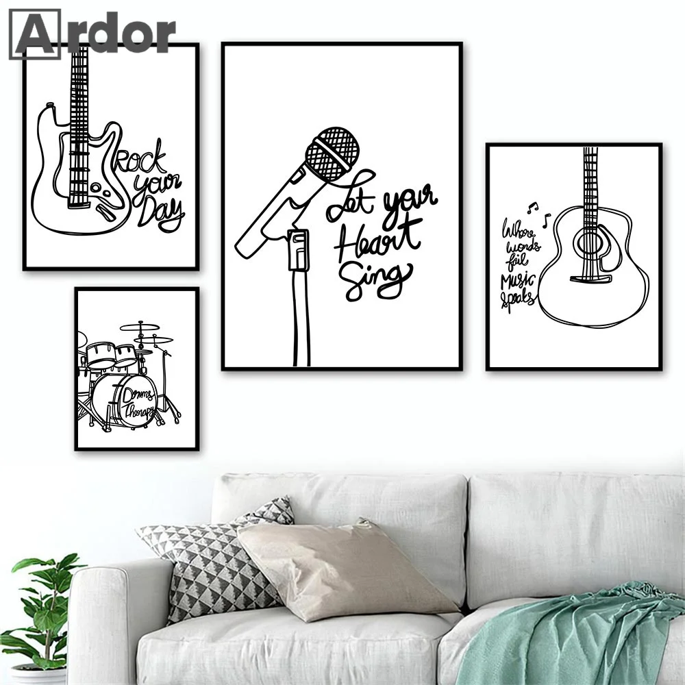 

Rock Music Guitar Canvas Painting Minimalism Wall Art Picture Abstract Line Drums Therapy Poster Prints Living Room Bar Decor