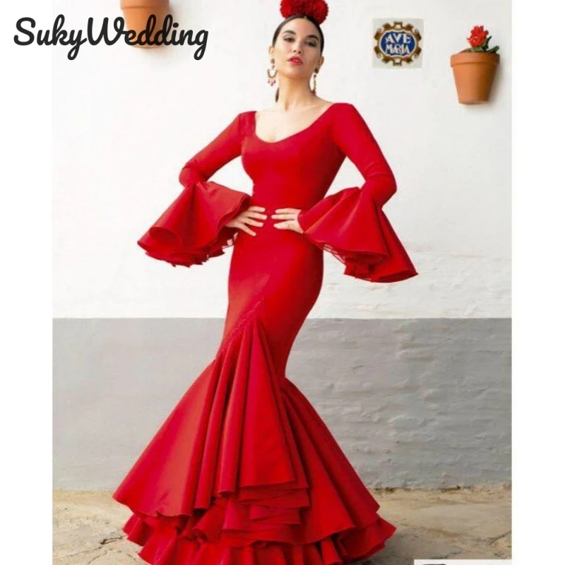 

Red Flamenca Prom Dresses Dancer Party Gowns V neck Ruffles Skirt Mermaid Spanish Women Evening Dresses Fairy Long Sleeve