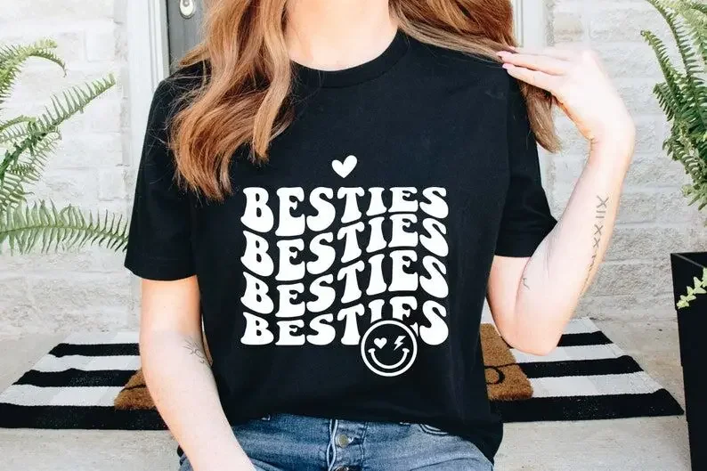 

Besties Best friends Sister Friendship Girls shirt Girls Weekend heart forever cricut files Short Sleeve Top Tees O Neck goth