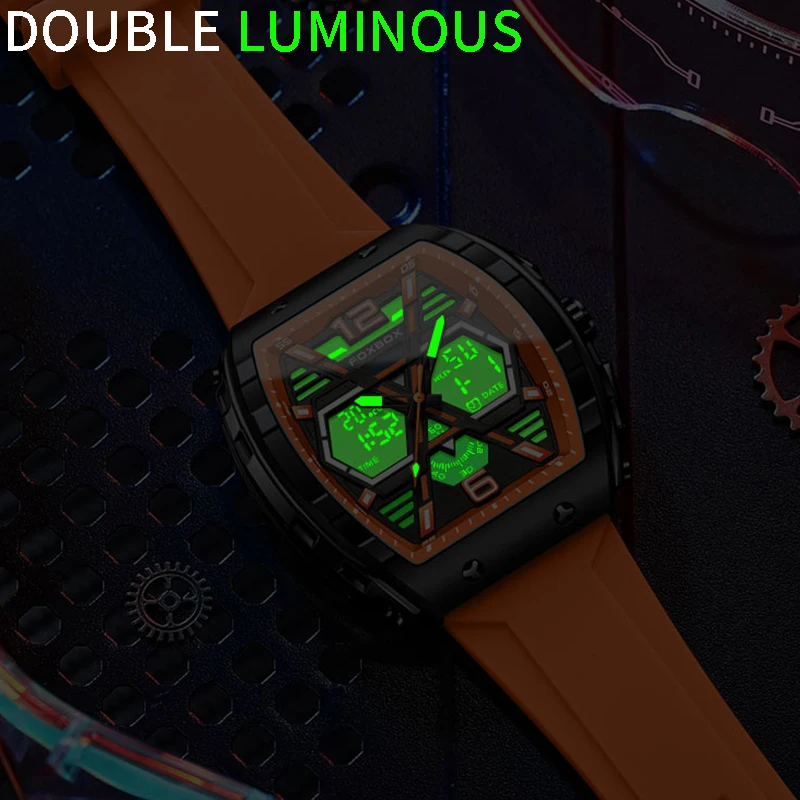 2023 FOXBOX Casual Sport Men's Watch Digital Alarm Man Clock  Silicone Waterproof Luminous Dual Display Men Quartz Wristwatches