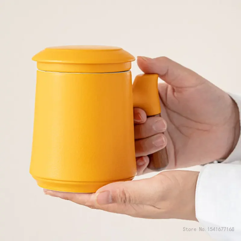 Creative Ceramic Filter Tea Cups, with Lid Monochromatic Gradient Mug, Personalized Tea Separation Flower TeaCup Office Cup, 1Pc