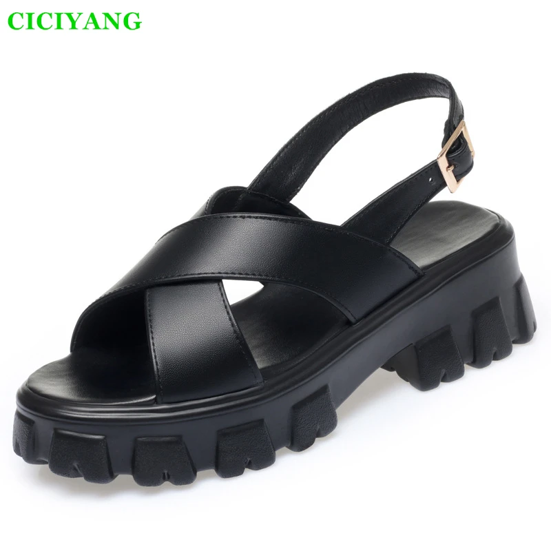 

CICIYANG Sandals Women Genuine Leather Summer Shoes 2024 New Wedge Heel Platform Ladies Plus Size Roman Sandals 41 42 43 Black