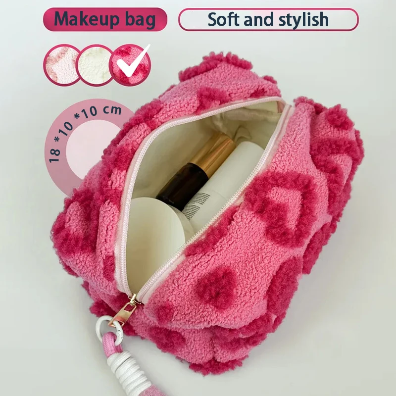 Plüschige herzförmige Make-up-Tasche, süße und tragbare Reise-Aufbewahrungstasche, Federmäppchen für Studenten – Detail 1