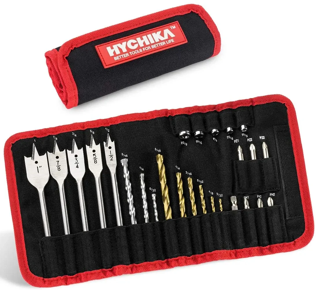 Набор сверл HYCHIKA, комплект из 26 насадок с сумкой для хранения, для электродрелей, древесины, металла, стен