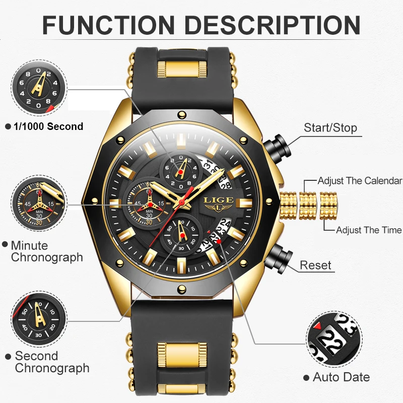 LIGE Quartz Watches for Men Fashion Silicone Sport Waterproof Military Watch Men Casual Business Date Chronograph Relojes Hombre