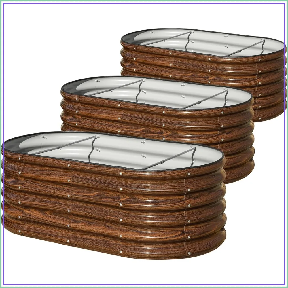 3 Pcs 4x2x1.5ft Raised Garden Bed Outdoor, 17" Tall Galvanized Metal Planter Box, Oval Kit for Vegetables Plants Fruits, Brown