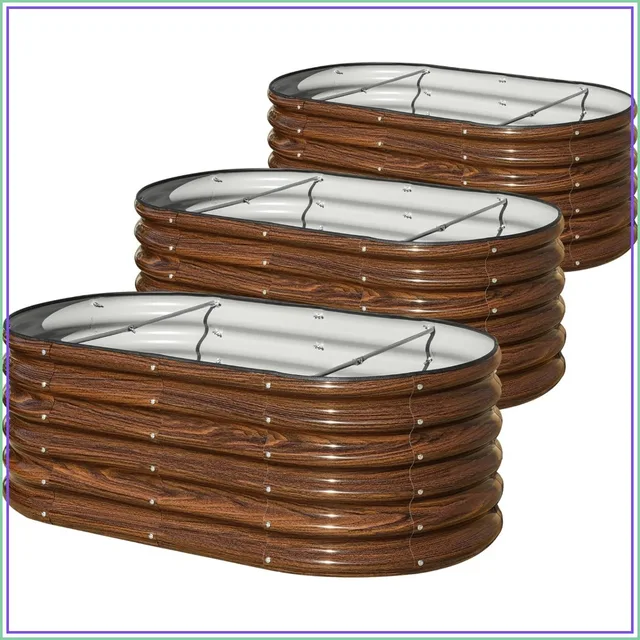 3 Pcs 4x2x1.5ft Raised Garden Bed Outdoor, 17" Tall Galvanized Metal Planter Box, Oval Kit for Vegetables Plants Fruits, Brown