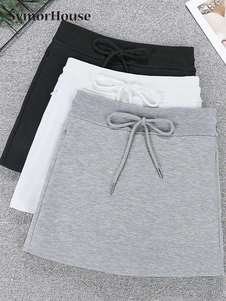 

Spring Summer Autumn Sexy Drawstring Wrap -Hips Skirts Women High Waist Korean Simple Grey Sports Pockets A- Line Mini Skirts
