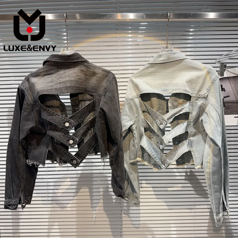 

LUXE&ENVY Hollow Out Patchwork Coat Contrasting Colors Single-breasted Long Sleeve 2023 Qautumn Personality Women Jacket Denim