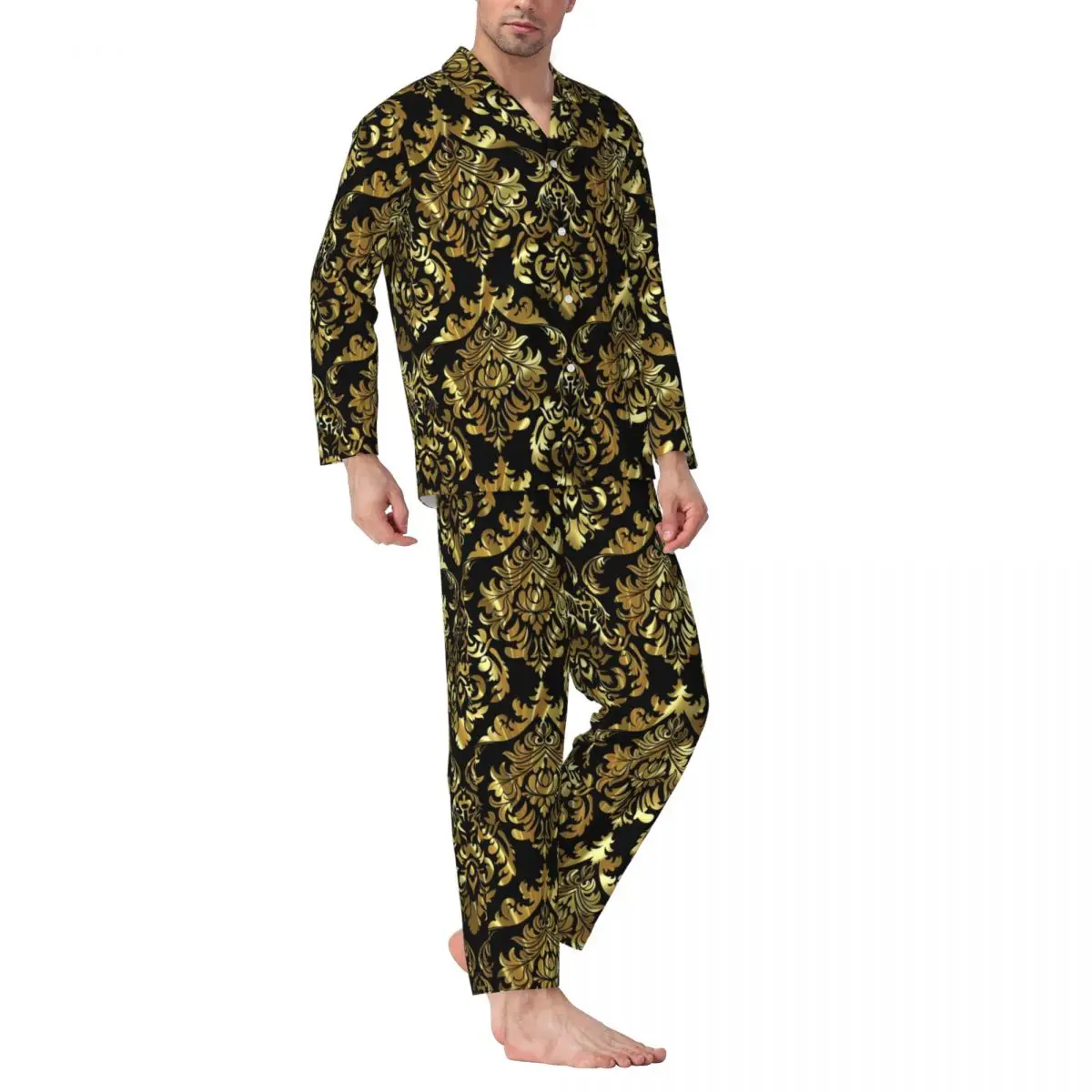 

Пижама Мужская Дамасская с цветочным принтом, одежда для сна, черно-золотистый Ретро пижамный комплект из двух предметов, мягкий домашний костюм оверсайз с длинным рукавом