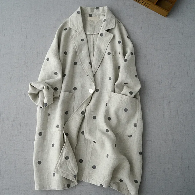 

Cotton and Linen Polka Dot Long-sleeved Suit Jacket Women's 2023 Autumn New Korean Style Artistic Loose Large Size Casual Mid-le