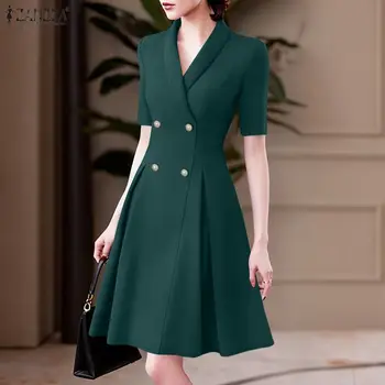 Elegant Office Lady Sundress 2026 ZANZEA Summer Dress Stylish Women Double Breasted OL Work Dresses V Neck Short Sleeve Vestidos 1