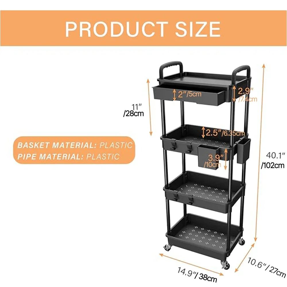 4 Tier Rolling Utility Cart with Drawer, Cart Made of Multifunctional Storage Organizer Tool for Kitchen,Bathroom,Living Room