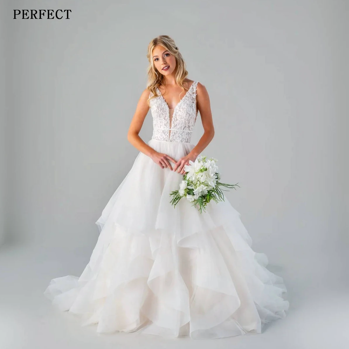 

PERFECT Charming v-neck Wedding Dresses For Woman Low v-back Covered buttons Fully beaded lace bodice Sleeveless Bridal Gowns