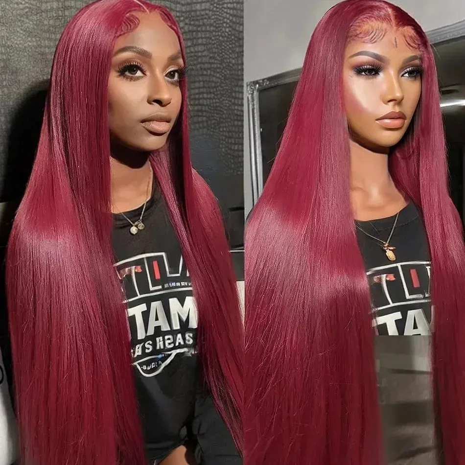 99J Burgundy Straight Human Hair Wigs 13X6 Hd Lace Frontal Wig 220 Density Colored Pre Plucked Brazilian Lace Front Wig 36 Inch