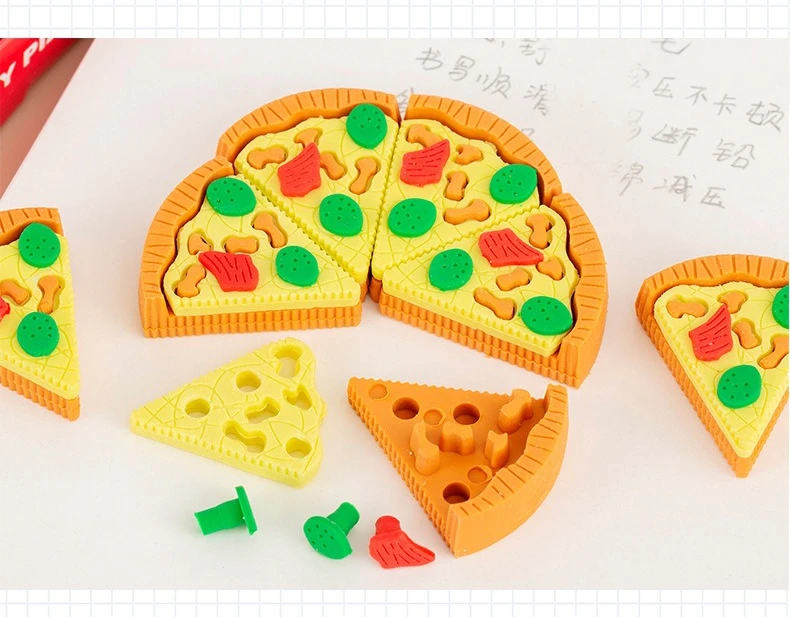 7pcs/set Festive Pizza Eraser Set Realistic Slice Toy Student Christmas Prize Box with Simulation Food Pencil Stationery Eraser