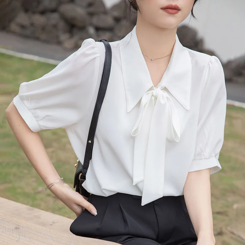 Women Clothing White Chiffon Tie Shirts Summer Short Sleeve Fashion Commute Blouses Office Lady Elegant Loose Casual Top