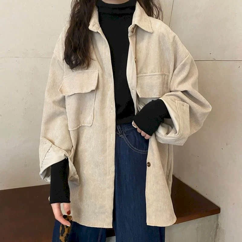 thumbnail image 1 of Chaquetas de pana para mujer, ropa de moda coreana, cárdigans holgados de gran tamaño, de color liso, abrigos de manga larga con un solo pecho, blusas para mujer, 1 of 5