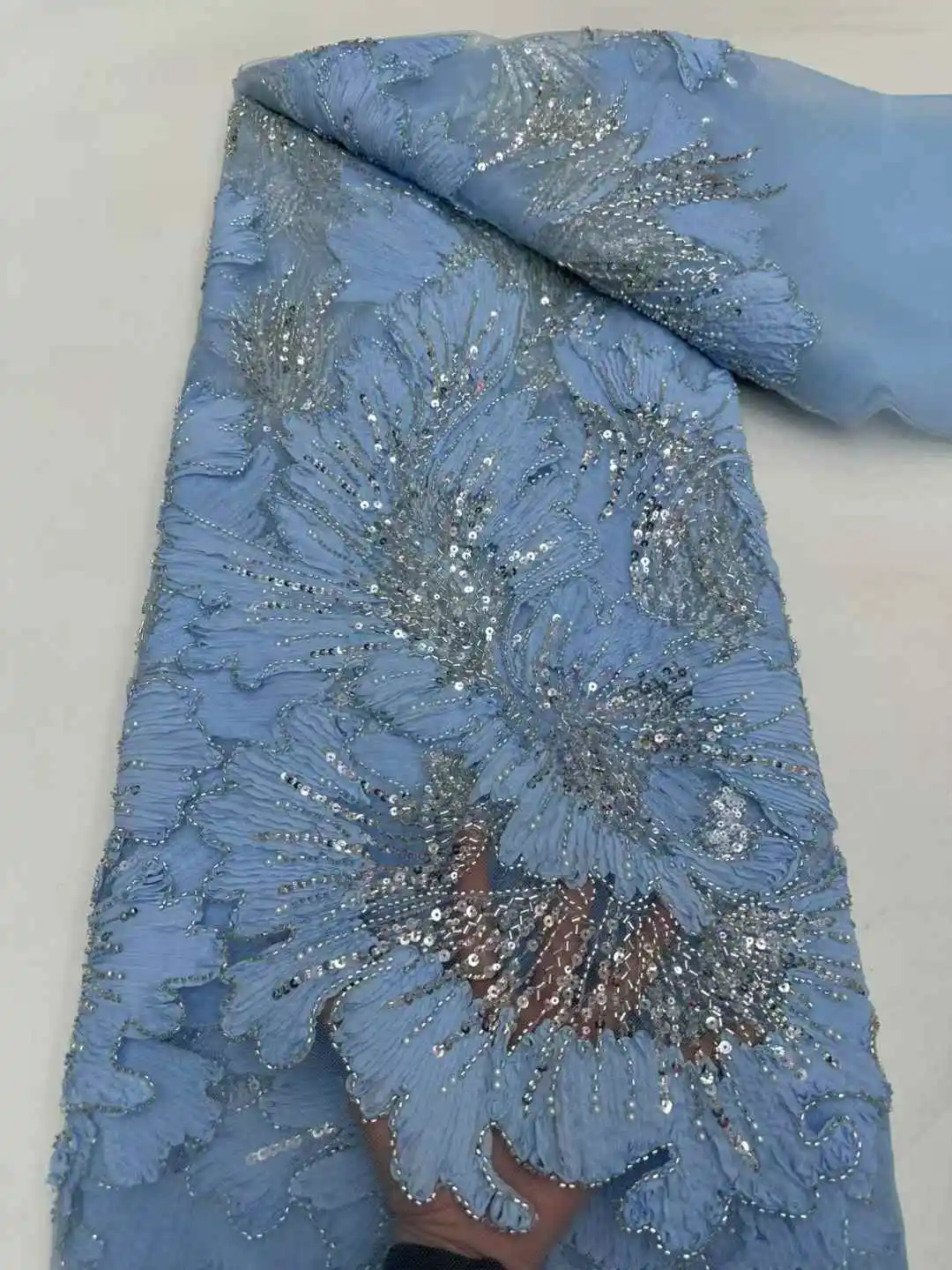 Luxury Handmade Embroidery Sequins Beaded Lace African Sequins Lace Fabric for Wedding Sewing