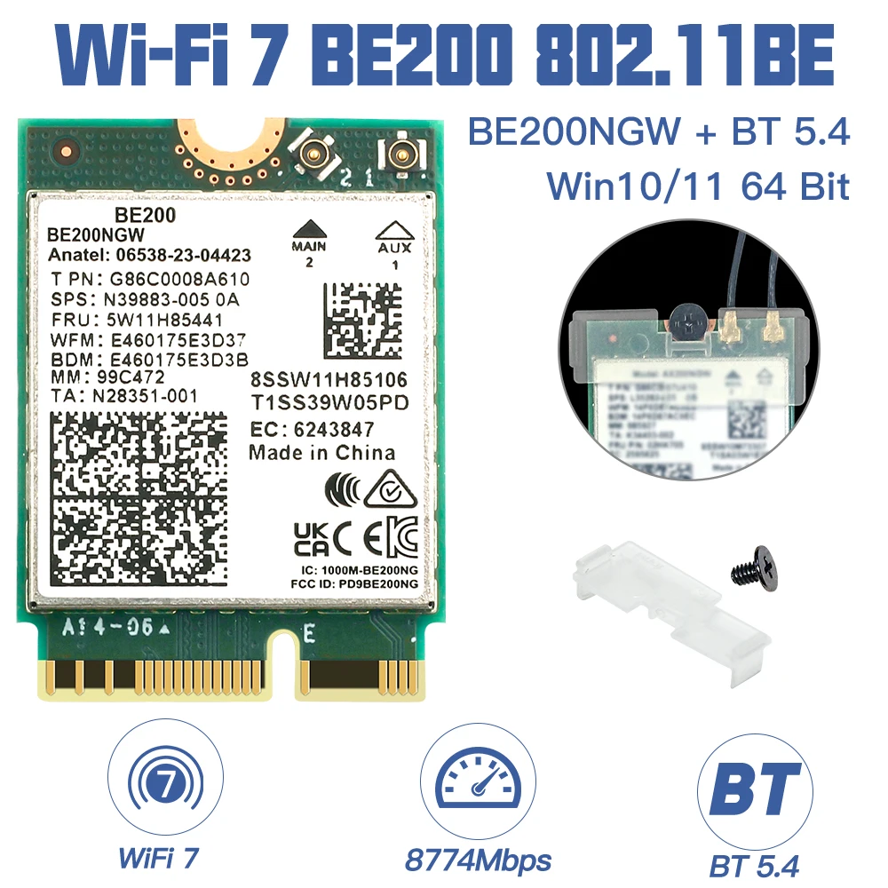 Cartão Wi-fi sem Fio para Intel Cartão Wi-fi Tri-band M.2 Adaptador de Rede Ngff Be200 Be200ngw Bluetooth 5.4 802.11ax Win10 e 11 Wi-fi 6e