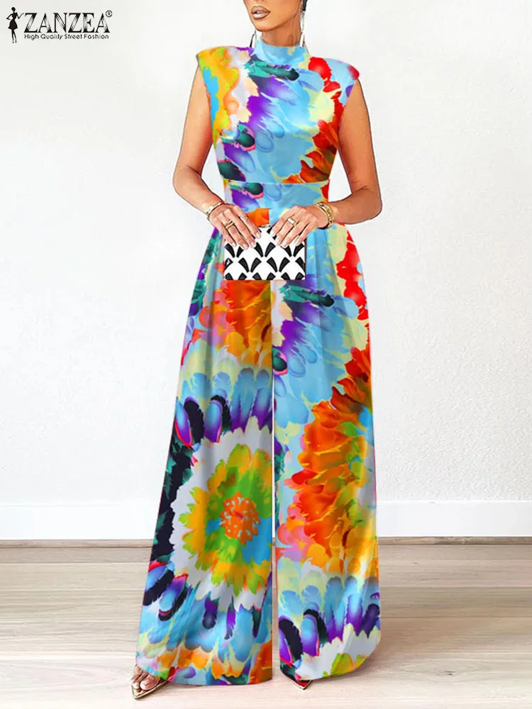 

ZANZEA Floral Print Party Jumpsuits Summer Women Turtleneck Cinched Waist Wide Leg Pants Sleeveless Elegant Fashion Long Rompers
