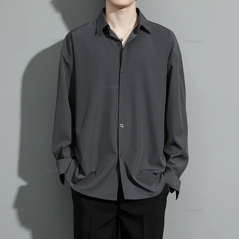 용수철 여름 남성용 루즈한 단색 긴팔 셔츠, 캐주얼 패션, 고탄성 드레이프, 다리미 셔츠, 화이트 블랙 카키 그레이