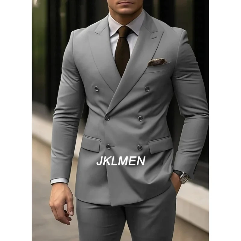Latest Blazer Pants Design Slim Fit Suits for Men 2 Piece Grey Double Breasted Groom Wedding Tuxedos Costume Homme