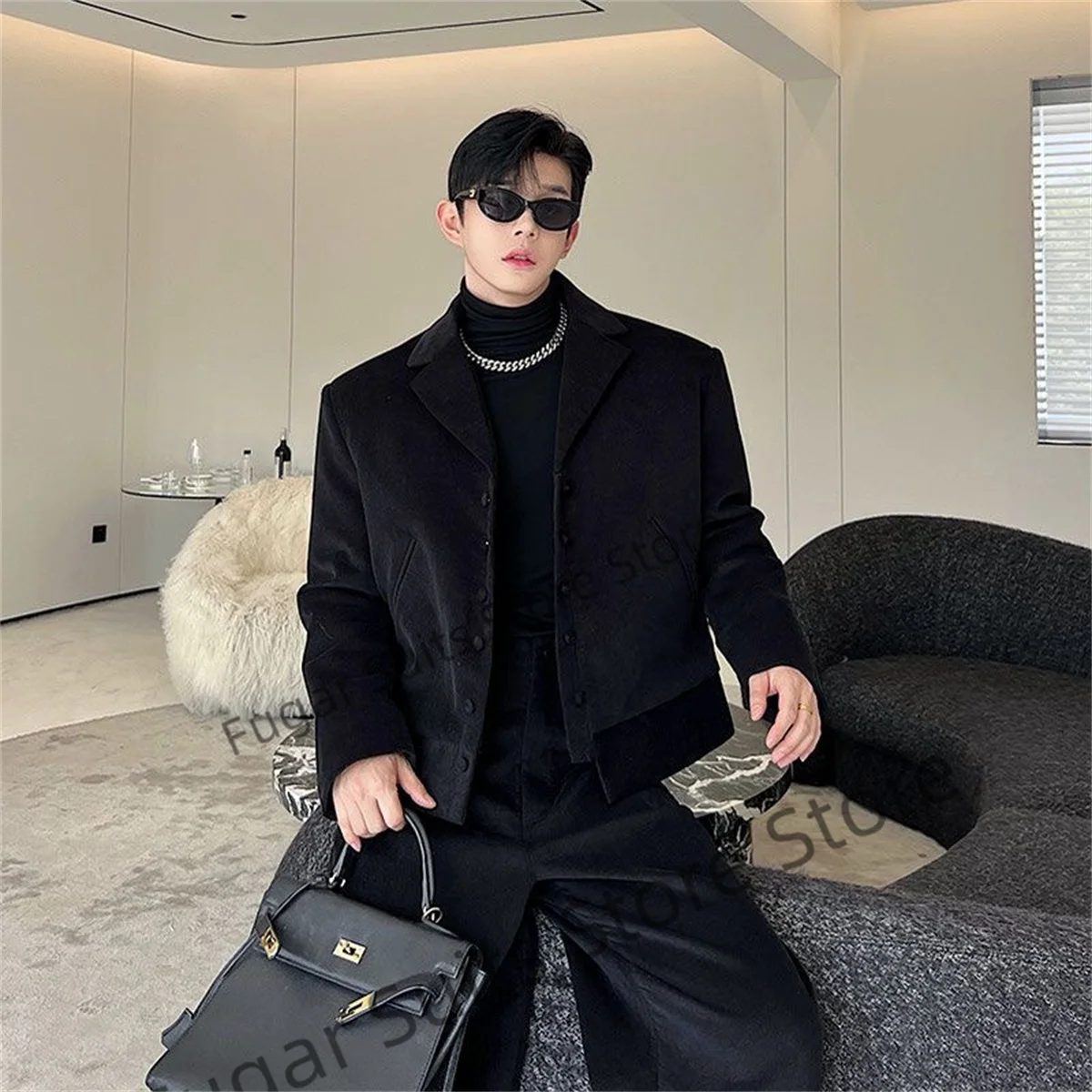 Korea Loose Black Corduroy Men Suits Fashion Notched Lapel Wedding Groom Prom Tuxedos 2 Pieces Sets Trajes Elegante Para Hombres luxuly black jacquard wedding suits for men slim fit groom formal tuxedos prom party 3 pieces sets trajes elegante para hombres