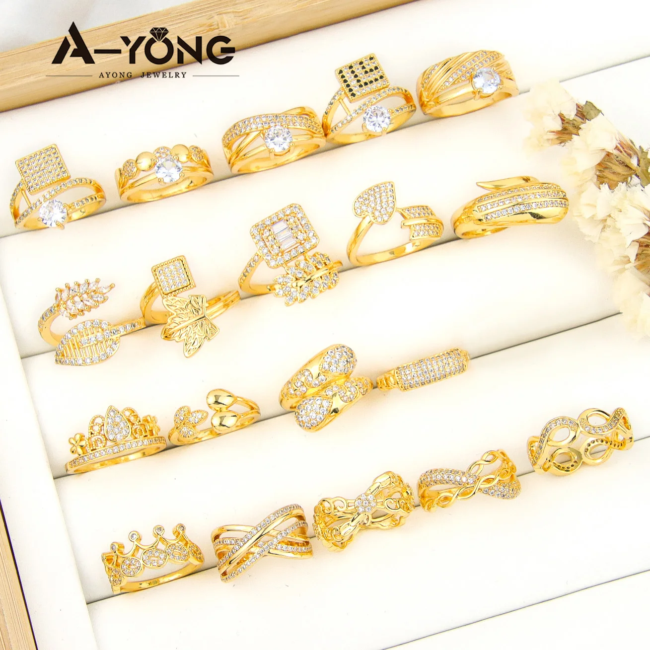 Luxus Dubai Zirkon Ring für Frauen 21 Karat vergoldet elegante Paar Cocktail Ring italienische Saudi-Mode Event Party Schmuck