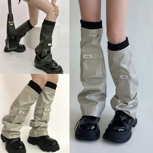 Girls PU Leathers Leg Warmers Flared Leg Sleeves Gothic Baggy Cuffs Ankle Heaped Socks Campus Long Socks